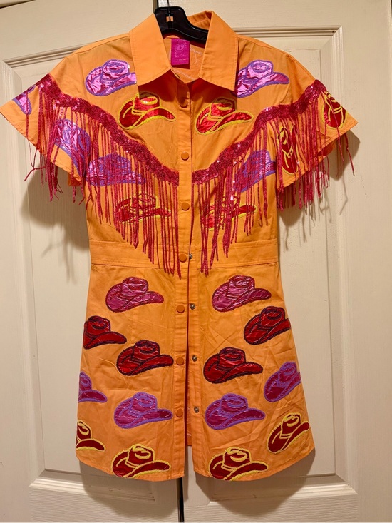 QUEEN OF SPARKLES Dresses & Skirts - Queen of Sparkles Western Fringe Shirt Dress with Multicolor Hat Appliqués